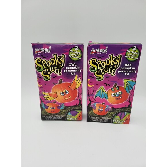 Set Of 2 Spooky Stuff No Mess Pumpkin Decorating Kits Bat & Owl - Picture 1 of 6